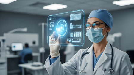 Female doctor in scrubs and lab coat uses a glowing holographic interface with medical data.