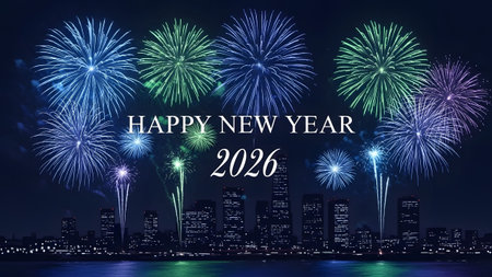 A spectacular fireworks show illuminates the night sky above a dark city skyline for New Year 2026.