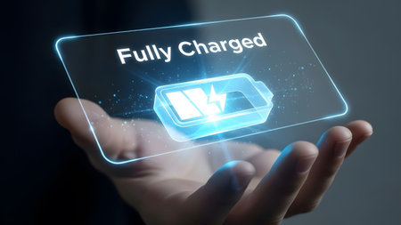 Hand displays a futuristic holographic screen with a fully charged battery icon and lightning bolt.