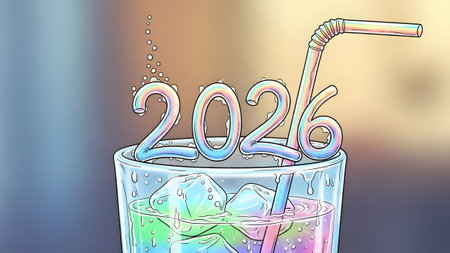 Beverage showing the year 2026 as a refreshing drink with ice and straw : 2026, year,...