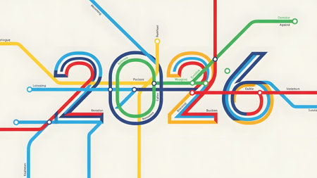 Colorful abstract subway map lines form the year 2026 on a light background. Clear details and vi...