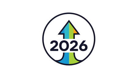 An upward pointing arrow with colorful stripes is inside a circle, with the number 2026 below it.