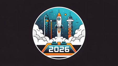 A circular emblem depicting a rocket launching from a space pad with the year 2026. Clear details...