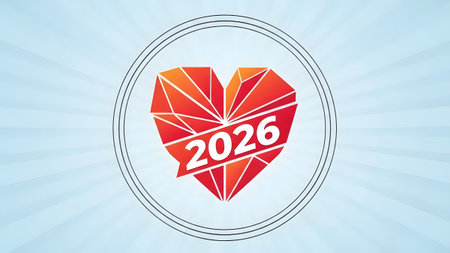 Geometric red heart with 2026 inside on a light blue background Clear details and vibrant colors ...