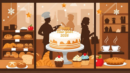 A bakery window showcases a festive cake with 2026, alongside various breads and pastries.