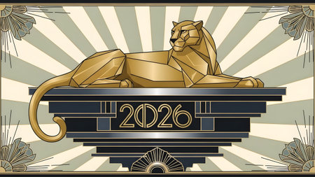 Golden geometric tiger on an art deco platform with 2026 numbers, art deco background. Clear deta...