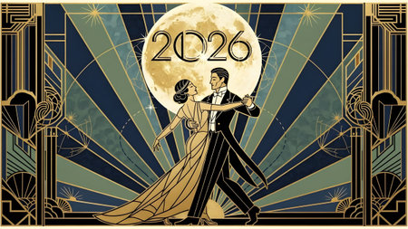 An elegant couple dances under a full moon with Art Deco style for Happy New Year 2026 Clear deta...
