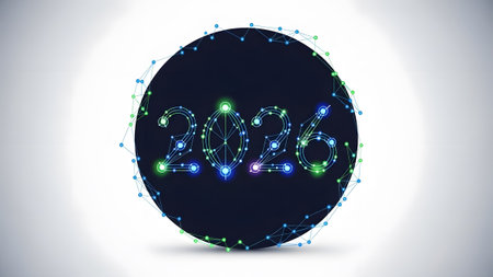 Glowing digital network forms the year 2026 inside a dark circle Clear details and vibrant colors...