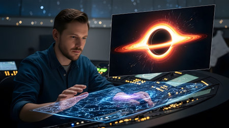Man touches a holographic display showing a black hole and star map on a control panel. Clear det...