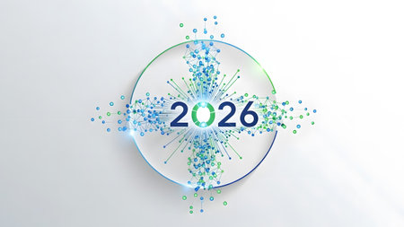 Digital year 2026 with glowing particles and connecting lines forming a network. Clear details an...