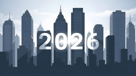 Modern city skyline with the year 2026 displayed in white. Clear details and vibrant colors enhan...