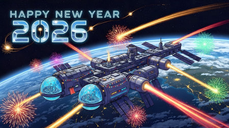 Miscellaneous showing futuristic space station celebrates new year with fireworks ...
