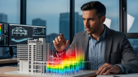 Engineer reviews building model with holographic structural analysis data visualization.