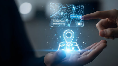 Finger touching a holographic map interface showing fastest and shortest route options. Clear det...の写真素材