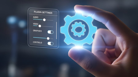 A finger adjusts sliders and switches on a holographic plugin settings interface next to a gear.