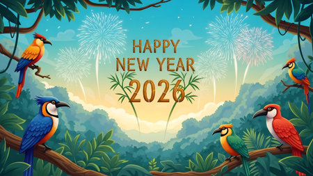 Colorful parrots perch on branches in a jungle with fireworks and Happy New Year 2026 text.