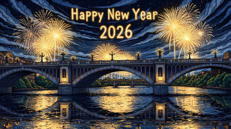 Fireworks light up the night sky over a grand bridge and river, reflecting the celebration of 2026.