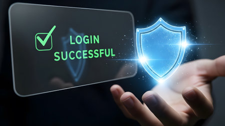 Screen shows successful login and glowing shield held by hand Clear details and vibrant colors en...