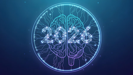 A glowing neon brain outline with circuitry and the year 2026 inside. Clear details and vibrant c...
