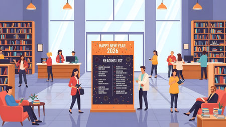 People in a library with a New Year 2026 reading list display and bookshelves. Clear details and ...