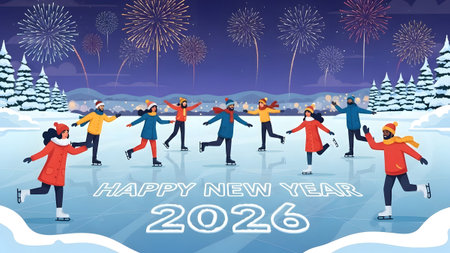 People celebrate New Year's Eve 2026 ice skating on a frozen lake with fireworks. Clear details a...