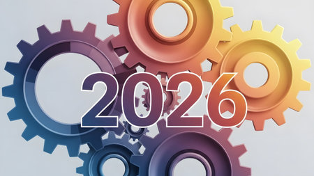 Colorful interlocking gears with the year 2026 superimposed in the center. Clear details and vibr...