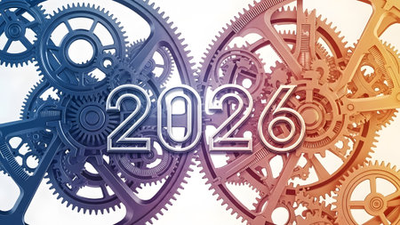 Two sets of interlocking gears in blue and orange tones form the year 2026. Clear details and vib...