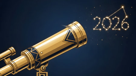 A golden telescope points towards the year 2026 formed by stars in a dark sky. Clear details and ...