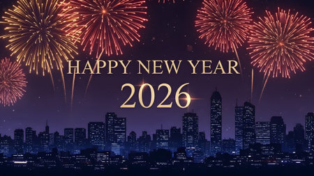 Festive fireworks explode over a silhouetted city skyline for Happy New Year 2026. Clear details ...