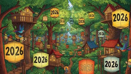 A whimsical forest village with treehouses and lanterns celebrating Happy New Year 2026.