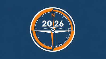 A compass with the year 2026 displayed prominently and an orange ring on blue. Clear details and ...