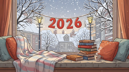Cozy window view of a snowy town with a blanket, pillows, books, and 2026 banner. Clear details...