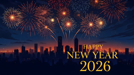 City skyline at night with colorful fireworks celebrating Happy New Year 2026. Clear details and ...