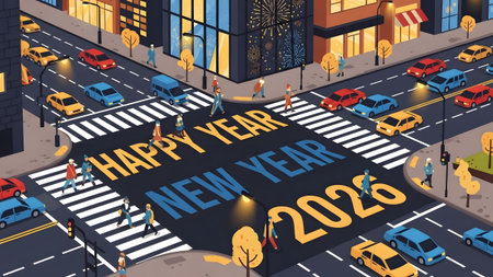 A city street intersection at night is decorated with HAPPY NEW YEAR 2026 on the road and...