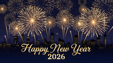 Golden fireworks explode over a dark city skyline with buildings lit up at night. Clear details a...
