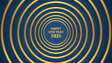 Golden concentric circles on a dark blue background with Happy New Year 2026 text. Clear details ...