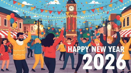Diverse group of people celebrating New Year 2026 in a town square with confetti and balloons.