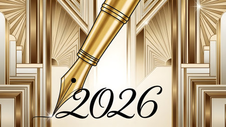 Close-up of a golden fountain pen writing the year 2026 on a detailed art deco background.