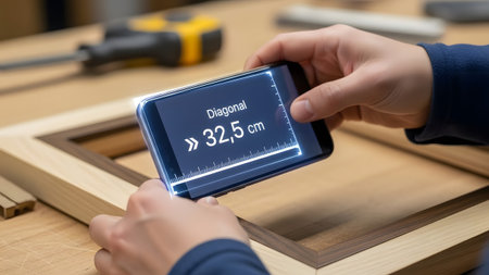 Hands hold smartphone measuring diagonal of wooden frame with AR app in centimeters. Clear detail...の写真素材