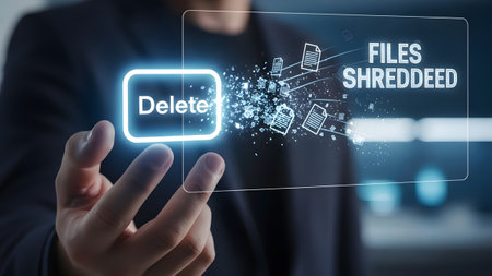 Hand pressing delete button as files are digitally shredded on screen Clear details and vibrant c...