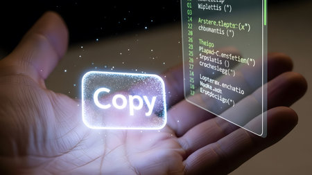 Hand holds glowing copy button next to a holographic display of computer code. Clear details and ...