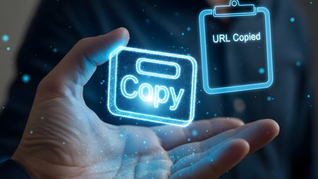 Hand holds glowing copy icon with URL copied notification against dark background Clear details a...