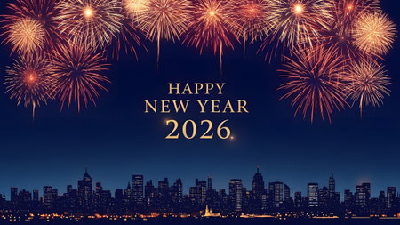 Display showing city skyline illuminated by spectacular new year 2026 fireworks display...