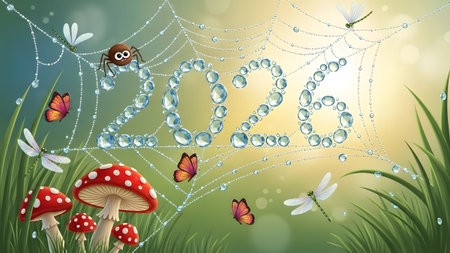 A whimsical cartoon illustration of the year 2026 formed by a spiderweb with dew drops. Clear det...