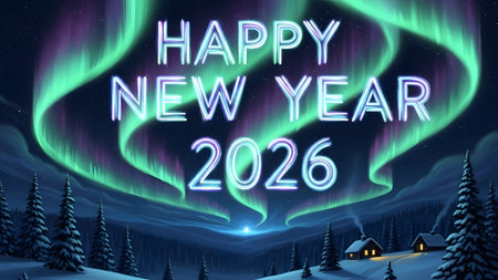 Happy New Year 2026 text over a winter landscape with aurora borealis. Clear details and vibrant ...