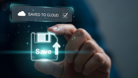 A hand touches a holographic save icon with a cloud upload confirmation displayed. Clear details ...
