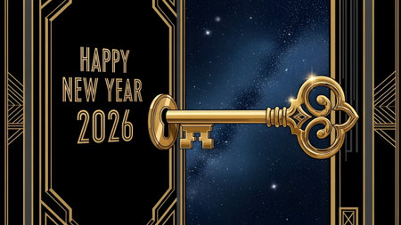A golden Art Deco key unlocks a door revealing a starry galaxy, marking the arrival of 2026.