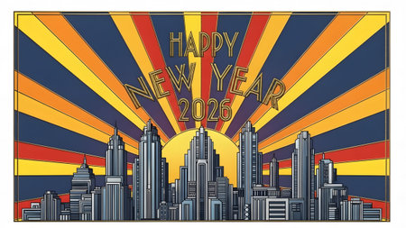 Art Deco cityscape with sunburst and happy new year 2026 text Clear details and vibrant colors en...