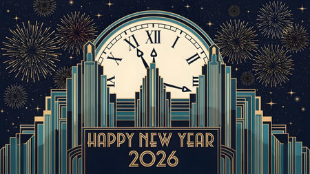Art Deco city skyline with a clock and fireworks marking New Year 2026. Clear details and vibrant...