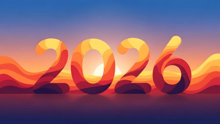 2026 numbers in abstract wavy landscape with sunset horizon and gradient sky Clear details and vi...